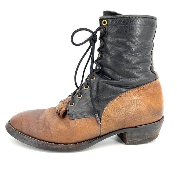 Justin Men's 12D Two Tone Black Tan Vintage Lace Up Leather Ankle Boots - Picture 1 of 9